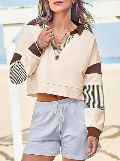Fisoew Women's Long Sleeve Crop Tops Polo V Neck Color Block Casual Loose Pullover Cropped Sweatshirt