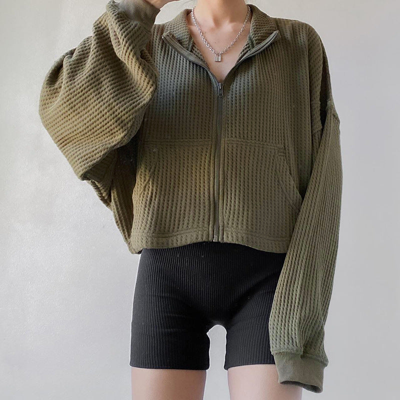Women's Army Green Cropped Waffle Sweatshirt