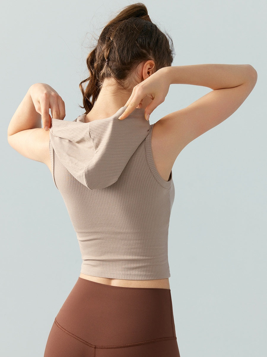Hooded Ribbed Yoga Vest Women's Short Solid Color Sleeveless Workout Top