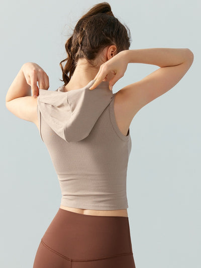 Hooded Ribbed Yoga Vest Women's Short Solid Color Sleeveless Workout Top
