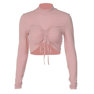 Fashion Crinkle Sports Yoga Slim Navel Crop Long Sleeve Top