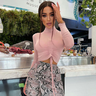 Fashion Crinkle Sports Yoga Slim Navel Crop Long Sleeve Top