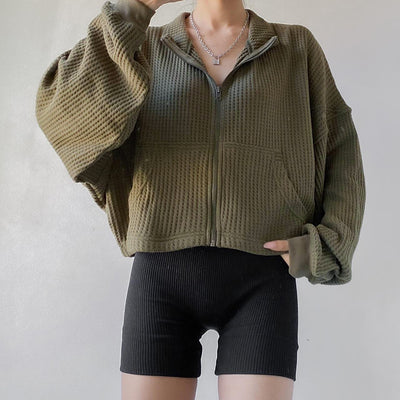 Women's Army Green Cropped Waffle Sweatshirt