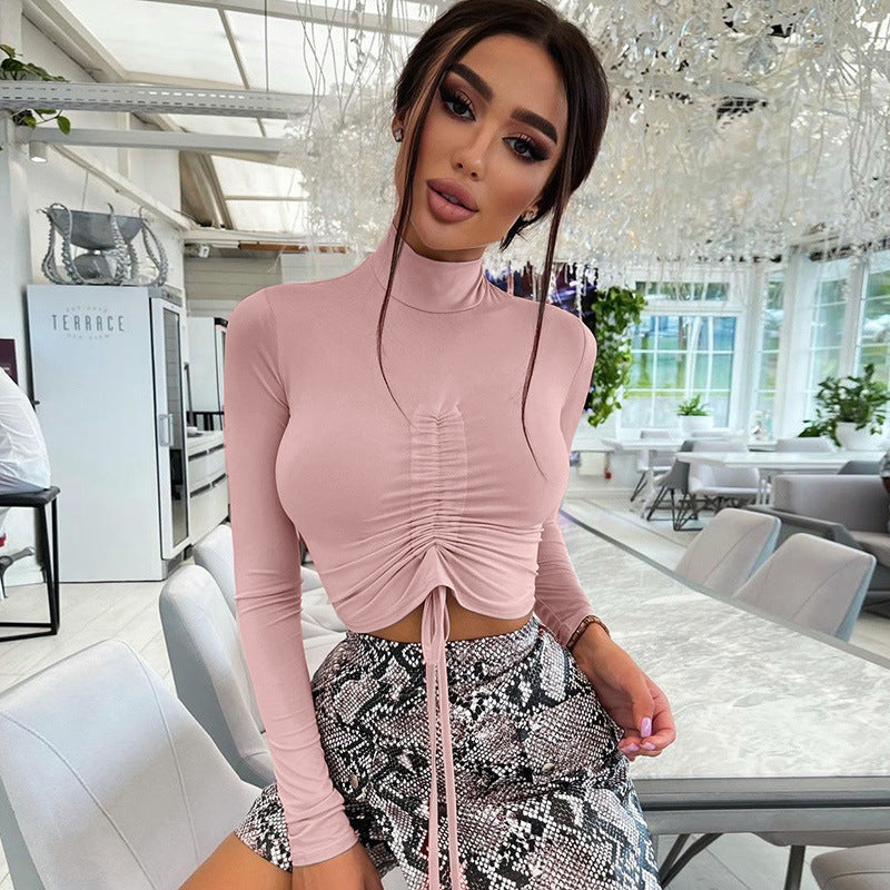 Fashion Crinkle Sports Yoga Slim Navel Crop Long Sleeve Top