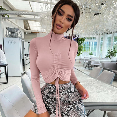 Fashion Crinkle Sports Yoga Slim Navel Crop Long Sleeve Top