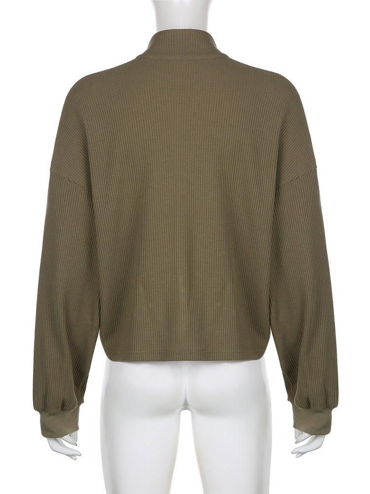 Women's Army Green Cropped Waffle Sweatshirt