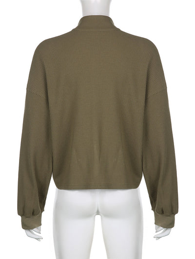 Women's Army Green Cropped Waffle Sweatshirt