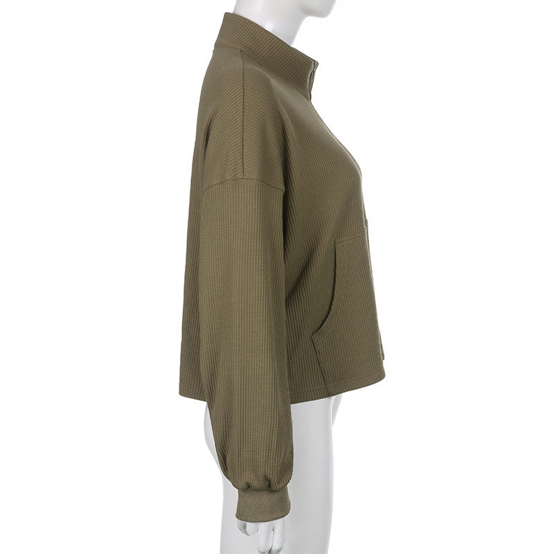 Women's Army Green Cropped Waffle Sweatshirt