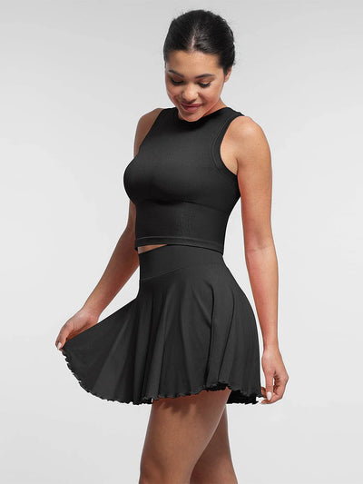 Mid-Waist A Line Skirt Flared Ruffle Hem Built in Shorts with Pockets