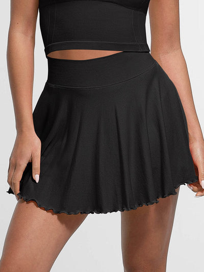 Mid-Waist A Line Skirt Flared Ruffle Hem Built in Shorts with Pockets
