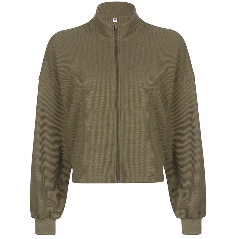 Women's Army Green Cropped Waffle Sweatshirt