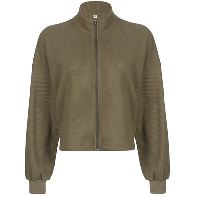 Women's Army Green Cropped Waffle Sweatshirt