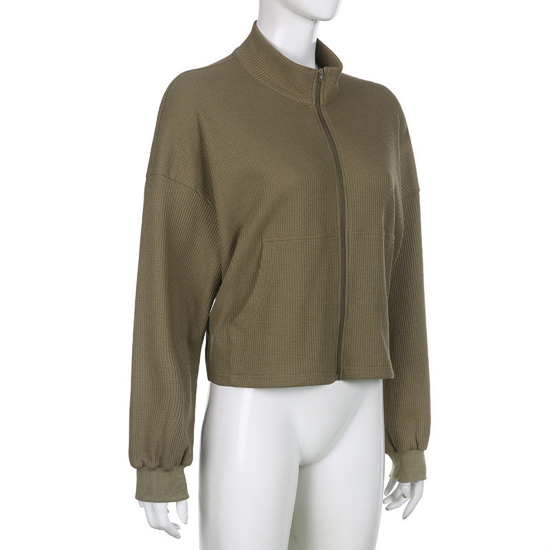 Women's Army Green Cropped Waffle Sweatshirt