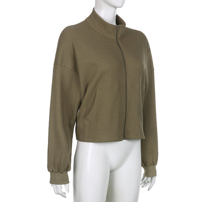 Women's Army Green Cropped Waffle Sweatshirt