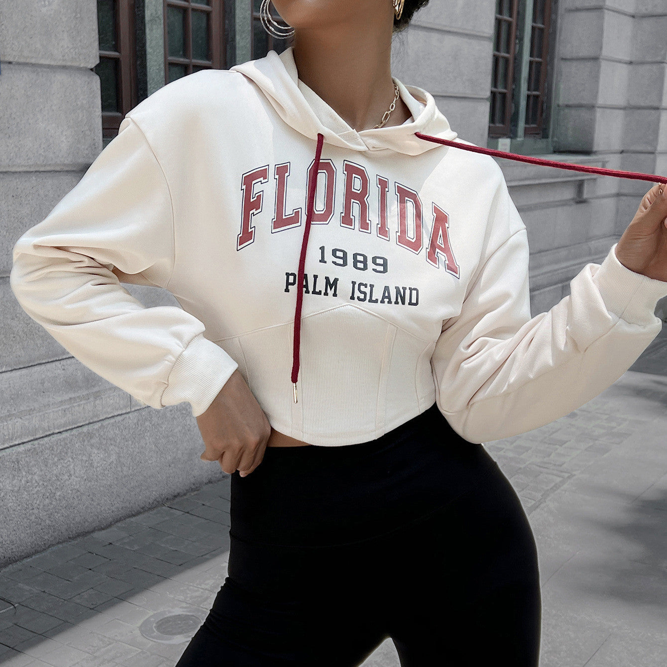 Ladies Cropped Printed Hooded Long Sleeve Sweatshirt